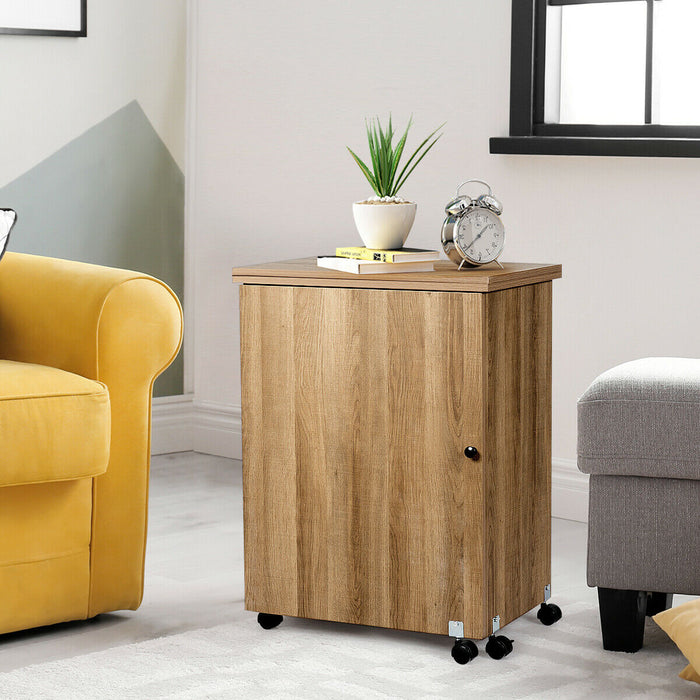 Beige Folding Sewing Table - Equipped with Storage Shelves and Lockable Casters - Ideal for Crafters and Seamstresses