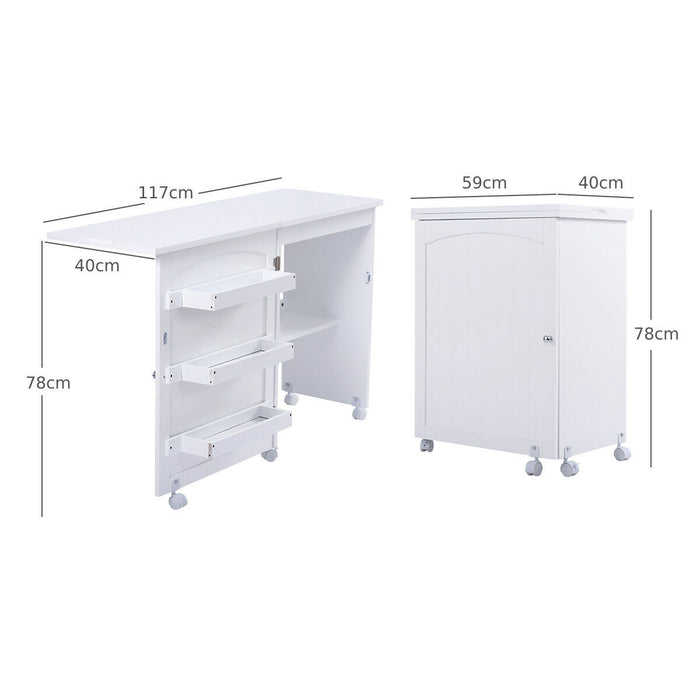 Beige Folding Sewing Table - Equipped with Storage Shelves and Lockable Casters - Ideal for Crafters and Seamstresses