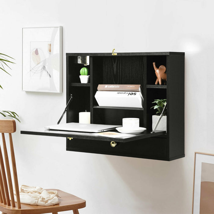 Black Wooden Cabinet with Drop Down Desk - Wall Mounted Storage Furniture - Ideal for Small Spaces and Home Office