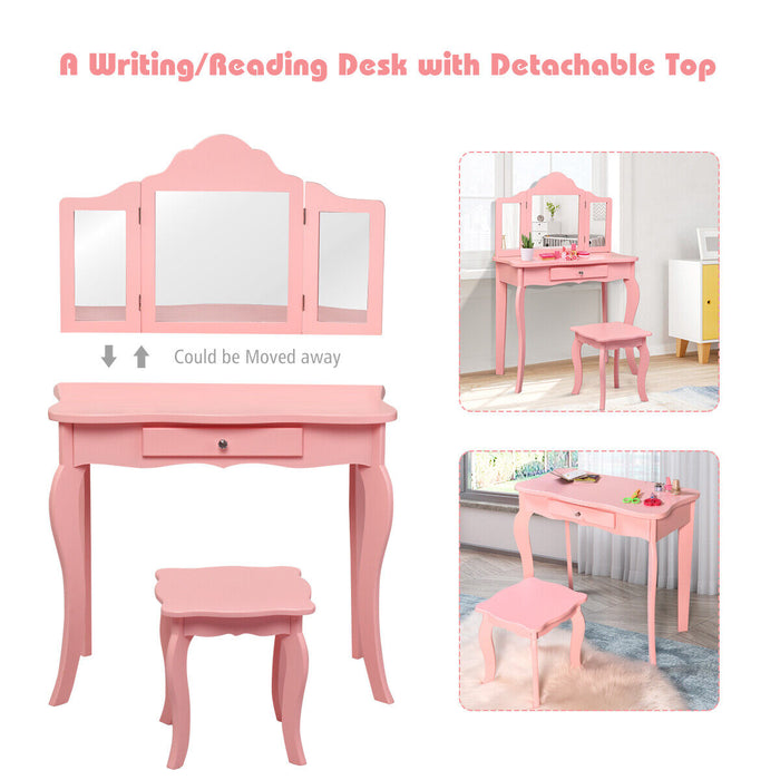 Child's Vanity Table Set - Wooden, Detachable Top, Folding Mirrors, Stool Included, Pink - Perfect for Pretend Play and Dress-Up Activities