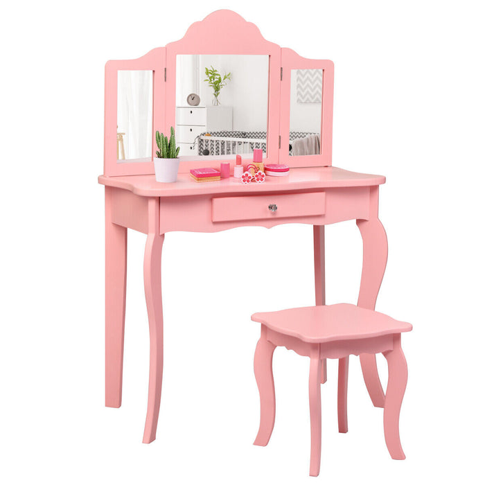 Child's Vanity Table Set - Wooden, Detachable Top, Folding Mirrors, Stool Included, Pink - Perfect for Pretend Play and Dress-Up Activities