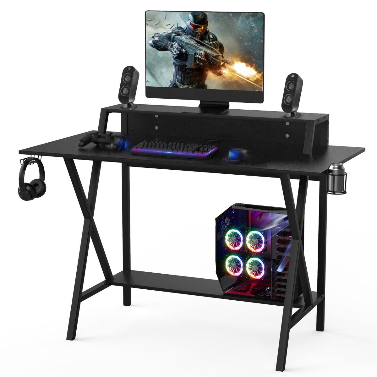 Ergonomic X-Shaped Gaming Desk - Compact Computer Desk with Cup Holder and Monitor Riser - Ideal for Gamers and Home Offices