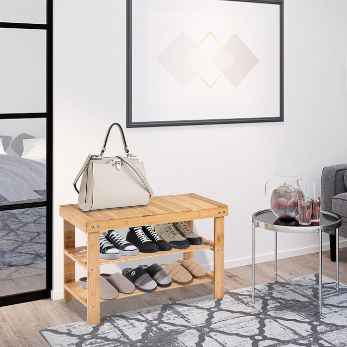 Bamboo 3-Tier Shoe Bench - Entryway Storage Solution, White - Ideal for Home Organization