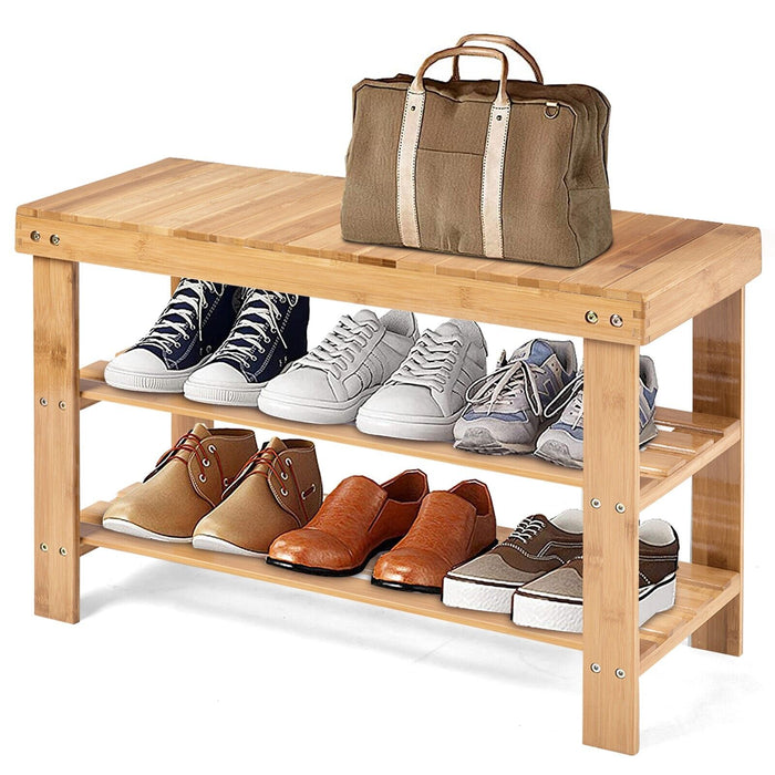 Bamboo 3-Tier Shoe Bench - Entryway Storage Solution, White - Ideal for Home Organization
