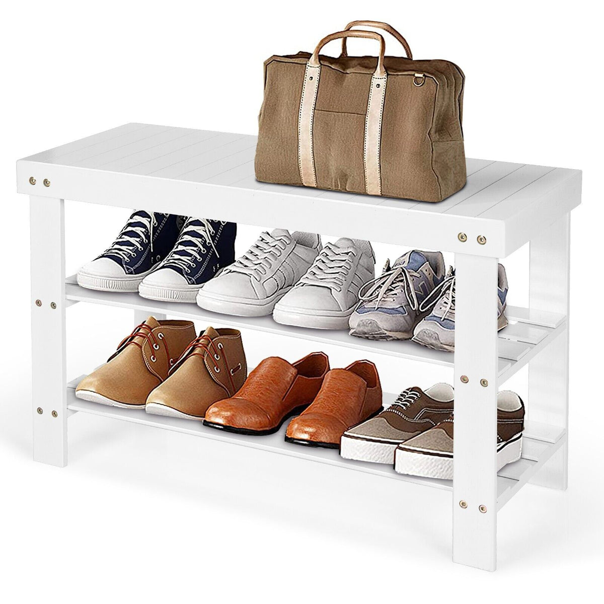 Bamboo 3-Tier Shoe Bench - Entryway Storage Solution, White - Ideal for Home Organization