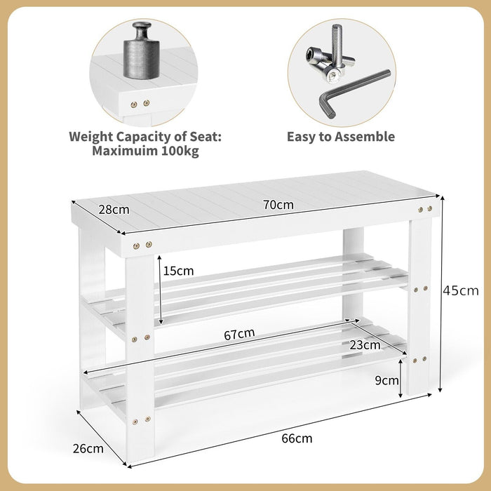 Bamboo 3-Tier Shoe Bench - Entryway Storage Solution, White - Ideal for Home Organization