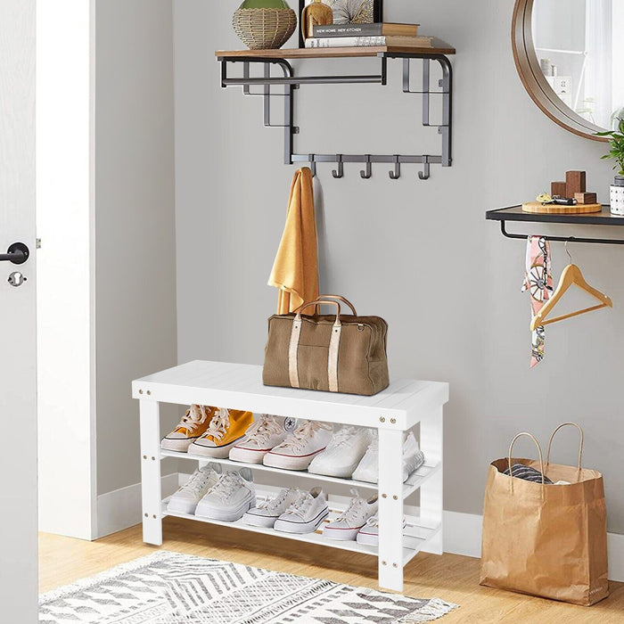 Bamboo 3-Tier Shoe Bench - Entryway Storage Solution, White - Ideal for Home Organization