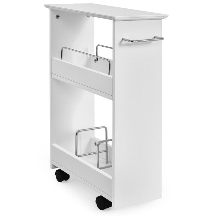 Slimline 2-Tier Rolling Storage Cart - Includes Metal Dividers and Towel Bar - Ideal for Bathroom Storage or Kitchen Organising