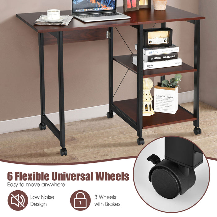 Drop-leaf Model - Portable Computer Desk with 2 Shelves and Rolling Wheels - Ideal Workspace Solution for Small Spaces