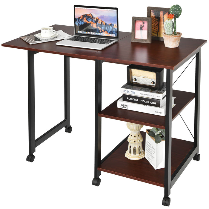 Drop-leaf Model - Portable Computer Desk with 2 Shelves and Rolling Wheels - Ideal Workspace Solution for Small Spaces