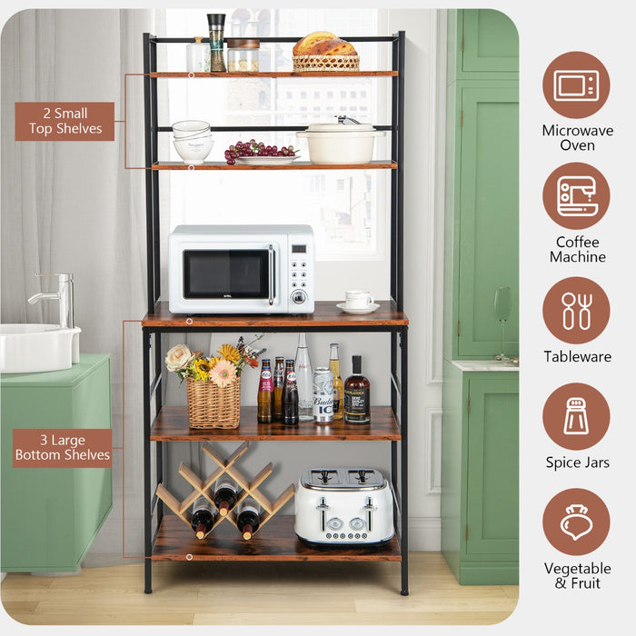 Rustic Brown Kitchen Bakers Rack - 5-Tier Design with Hutch Feature - Ideal Storage Solution for Modern Kitchens