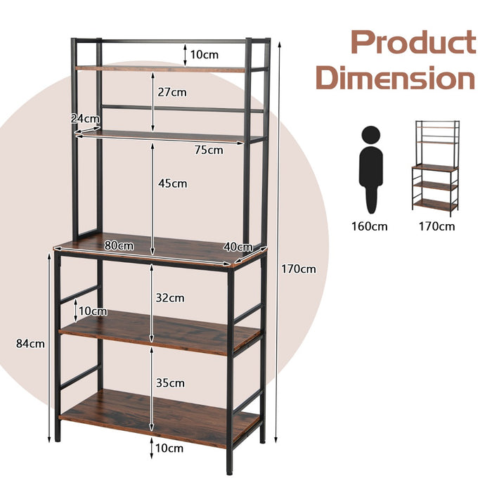 Rustic Brown Kitchen Bakers Rack - 5-Tier Design with Hutch Feature - Ideal Storage Solution for Modern Kitchens