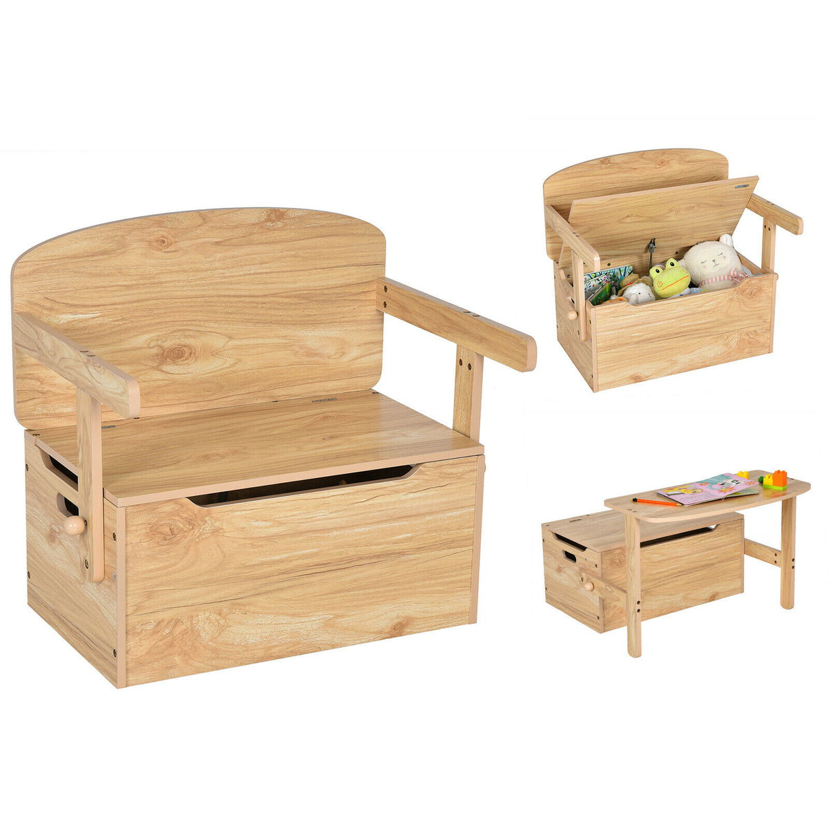 3-in-1 Children's Furniture Set - Kids Table, Chair, and Toy Storage Box in Natural Finish - Perfect for Tidying Up Playroom Clutter