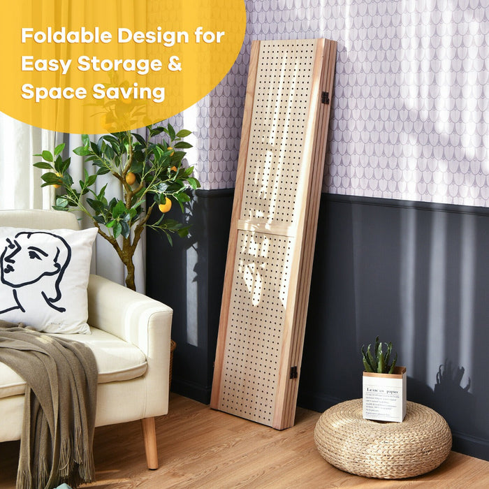 Wooden 4 Panel Folding Room Divider - With Pegboard Display for Customization - Ideal for Space Management and Displaying Items