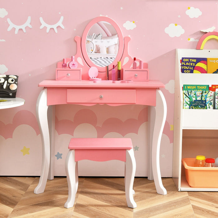 Little Princess Brand Vanity Set - Kids Table and Stool Combo with 360-degree Rotating Mirror and Three Storage Drawers - Perfect For Children's Dress Up and Pretend Play, Pink Color