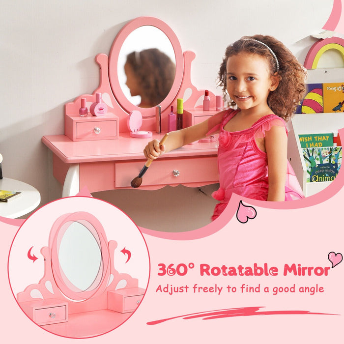 Little Princess Brand Vanity Set - Kids Table and Stool Combo with 360-degree Rotating Mirror and Three Storage Drawers - Perfect For Children's Dress Up and Pretend Play, Pink Color