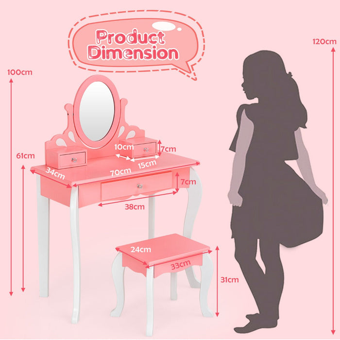 Little Princess Brand Vanity Set - Kids Table and Stool Combo with 360-degree Rotating Mirror and Three Storage Drawers - Perfect For Children's Dress Up and Pretend Play, Pink Color