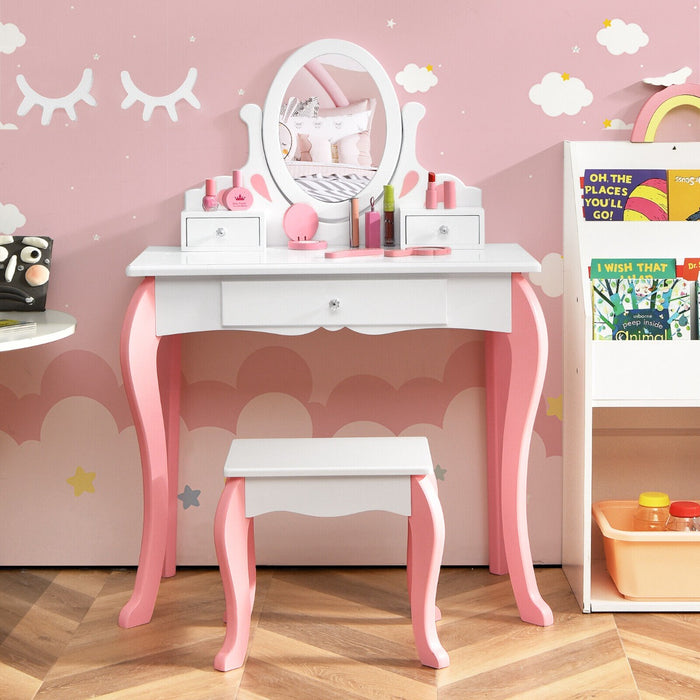 Little Princess Brand Vanity Set - Kids Table and Stool Combo with 360-degree Rotating Mirror and Three Storage Drawers - Perfect For Children's Dress Up and Pretend Play, Pink Color