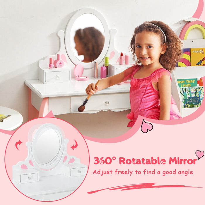 Little Princess Brand Vanity Set - Kids Table and Stool Combo with 360-degree Rotating Mirror and Three Storage Drawers - Perfect For Children's Dress Up and Pretend Play, Pink Color