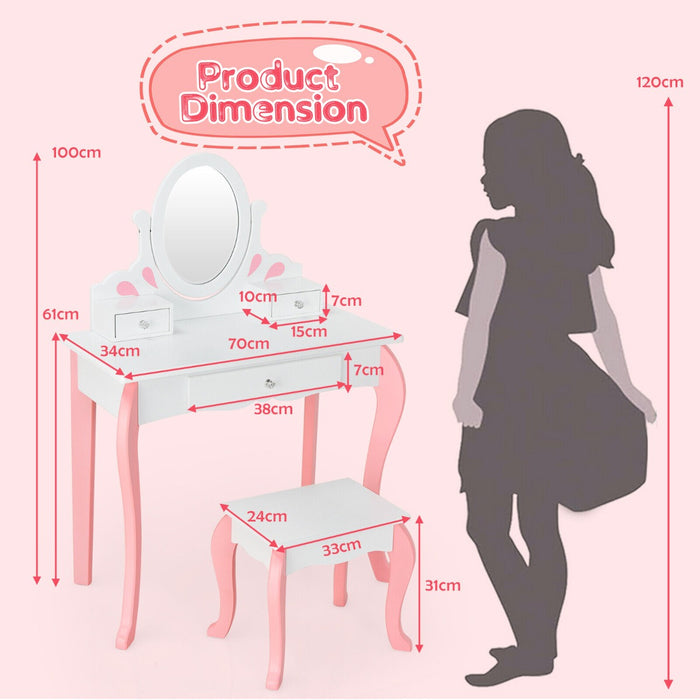 Little Princess Brand Vanity Set - Kids Table and Stool Combo with 360-degree Rotating Mirror and Three Storage Drawers - Perfect For Children's Dress Up and Pretend Play, Pink Color