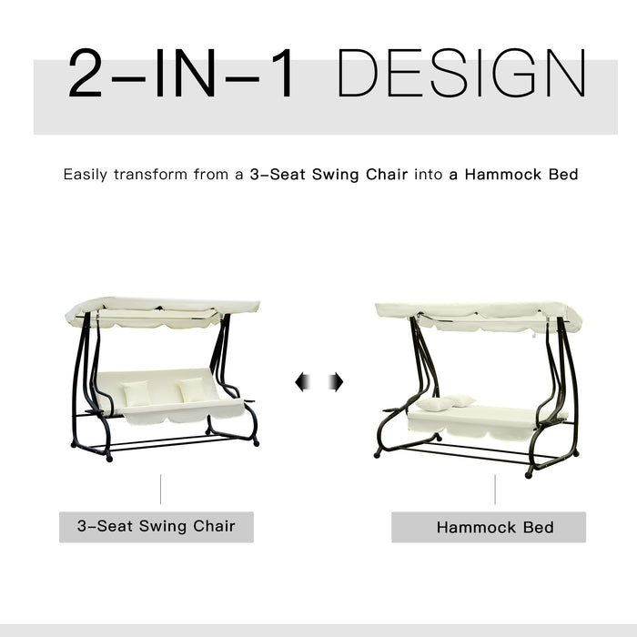 2-in-1 Garden Swing Seat Bed - 3-Seater Convertible Swing Chair Hammock with Adjustable Tilting Canopy & Included Cushions, Cream White - Ideal Outdoor Lounging for Families & Relaxation