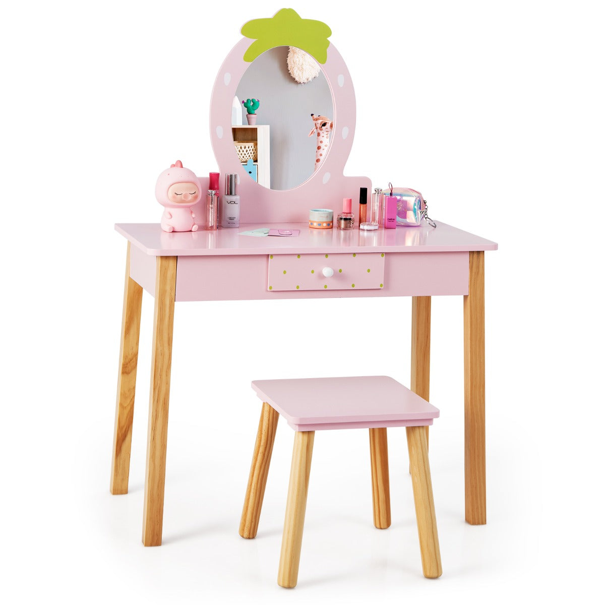 Pink Toddler Dressing Table - Girls Vanity Set with Mirror and Drawer - Ideal Furniture for Child's Room or Playroom