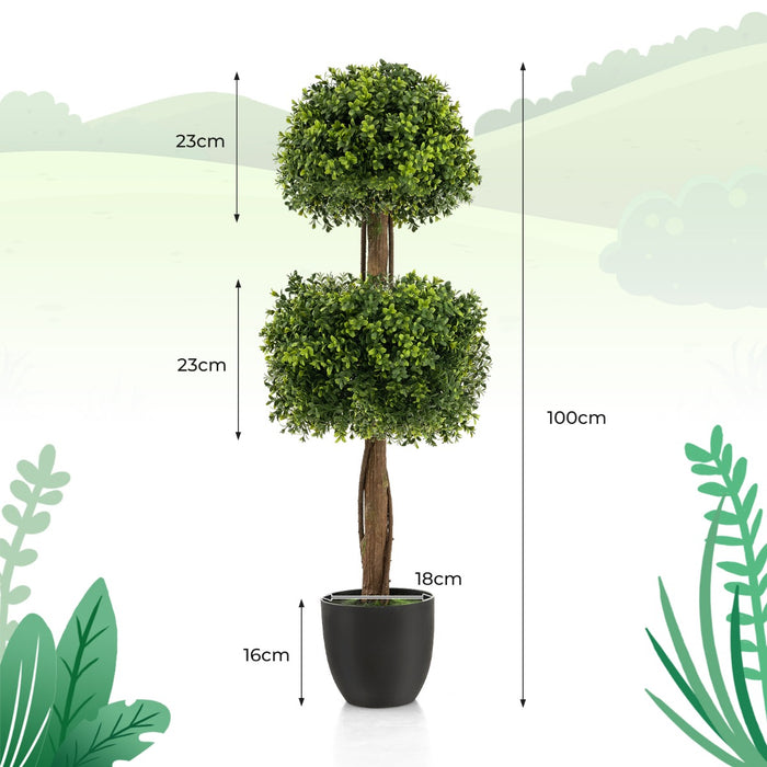 Artificial Boxwood Topiary Ball Tree, 100 CM - Decorative Faux Plant with Cement-Filled Plastic Pot - Great for Outdoor Home Decor & Gardening Enthusiasts