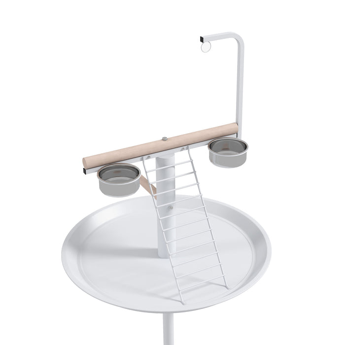 Adjustable Rolling Bird Stand - Includes Perches, Stainless Steel Feed Bowls, Round Tray - Ideal for Garden, Indoor, and Outdoor Use - White