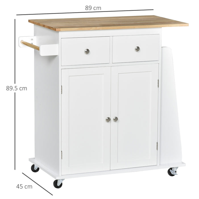 Kitchen Island Cart with Rubberwood Worktop - Rolling Trolley Storage Unit with 3-Tier Spice Rack, Spacious Cabinet & Drawers - Ideal for Kitchen Organization and Extra Counter Space