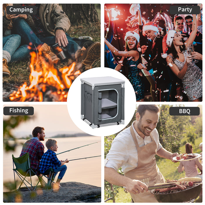 Portable Aluminum Camping Kitchen Station with 2 Shelves - Compact Storage Organizer for Outdoor Cooking and BBQ Parties - Ideal for Picnics and Backyard Gatherings with Convenient Carrying Bag
