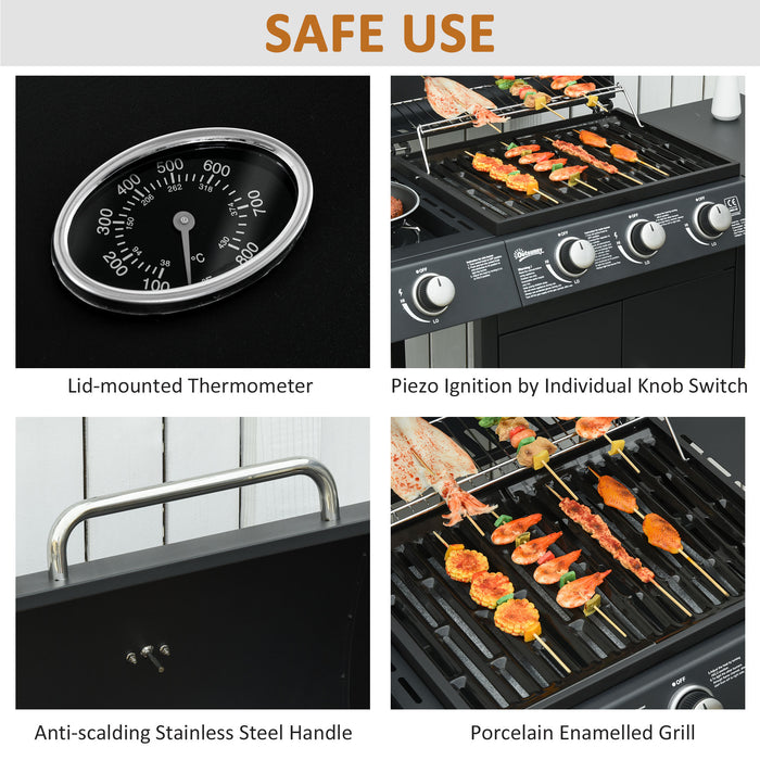3+1 Burner Gas BBQ Grill with Side Burner - Outdoor Barbecue Trolley, Warming Rack, Storage Cabinet - Ideal for Garden Cooking and Entertainment
