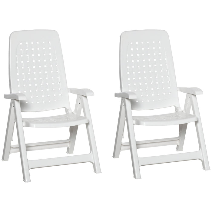 Folding Plastic Dining Chair Pair with 4-Position Adjustable Back - Reclining Armchairs for Versatility - Ideal for Indoor & Outdoor Events and Camping in White