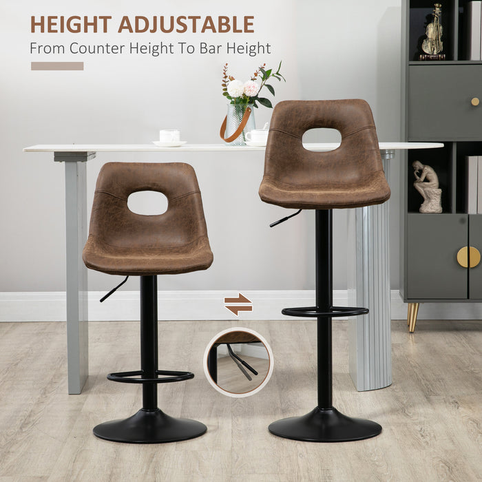 Retro-Style Adjustable Bar Stools Set of 2 - Faux Leather High Back Breakfast Chairs with Footrest, Brown - Ideal for Kitchen and Dining Area Comfort