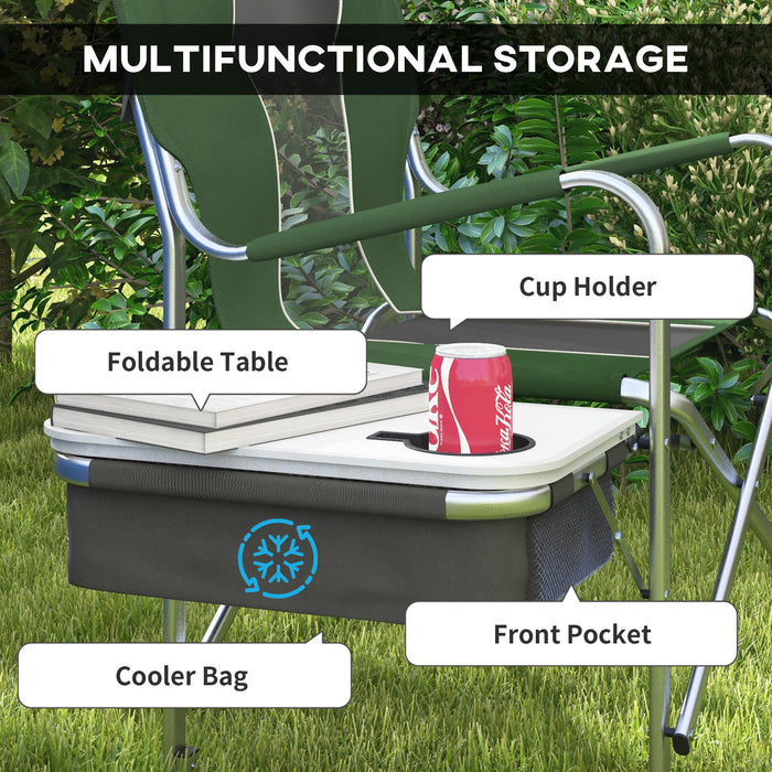 Aluminium Directors Chair with Features - Folding Camping Chair with Side Table, Cup Holder, Cooler Bag, Pocket - Portable Outdoor Seating Solution for Adults, Green