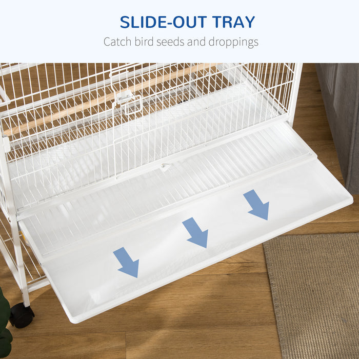 Large Aviary Bird Cage with Rolling Stand - Ideal Habitat for Finches, Canaries, Budgies - Includes Slide-Out Cleaning Tray, Storage Shelf, Wooden Perches & Food Containers