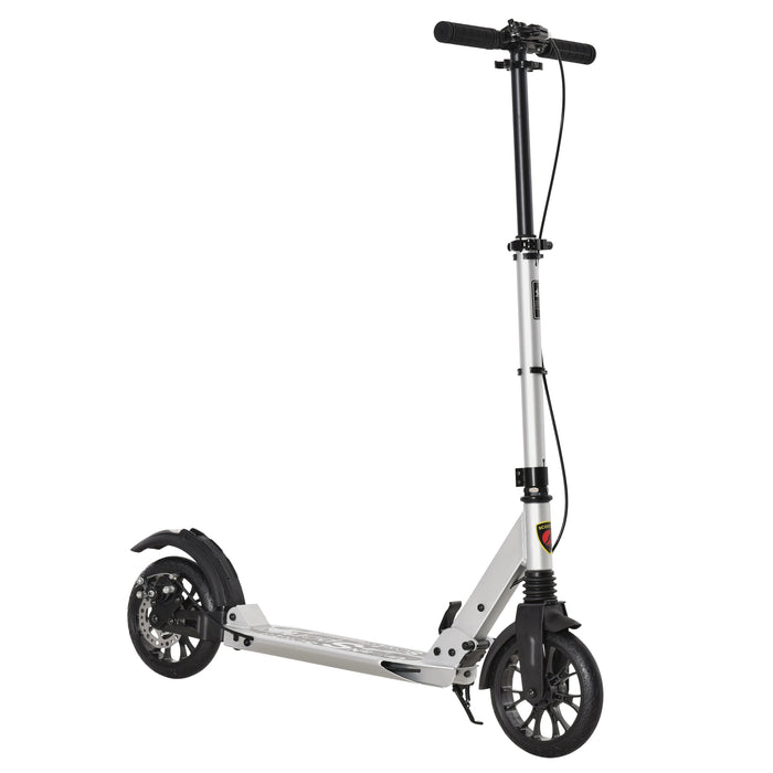 Foldable Adult & Teens Kick Scooter with Height Adjustment - Durable Aluminum Ride-On with Rear Wheel & Hand Brake, Shock Mitigation - Convenient Commuting for Ages 14 & Up, Silver Finish