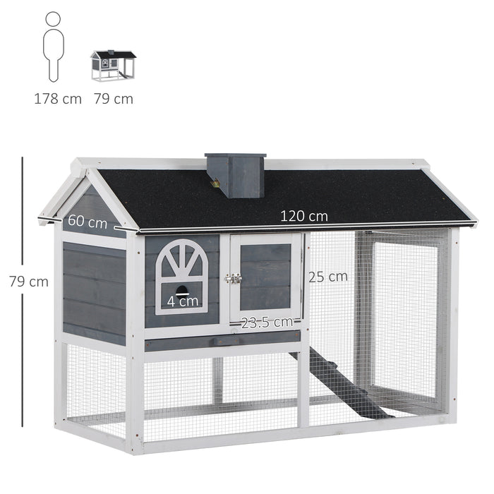 Wooden Rabbit Hutch and Guinea Pig Cage - Outdoor/Indoor Shelter with Pull Out Tray, Run Box, and Ramp - Ideal for Small Animals with Weatherproof Asphalt Roof in Grey