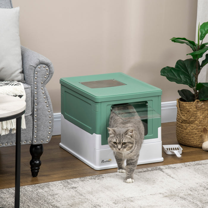 Portable Hooded Cat Litter Box with Scoop - Front Entry and Top Exit Design, Spacious Pet Toilet - Ideal for Privacy-Loving Cats, 47.5x35.5x36.7cm, Green