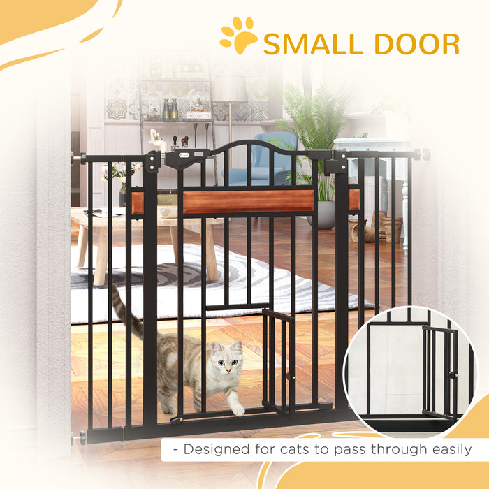 Auto Close Dog Gate with Cat Flap - Pine Wood Pet Safety Barrier with Double Locking System - Ideal for Doorways, Stairs & Indoor Areas, Adjustable Width 74-105cm, Elegant Black Finish