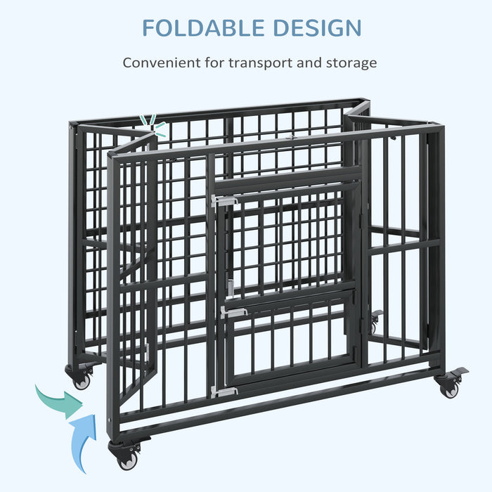 Heavy Duty 43" Foldable Dog Crate with Opening Top - Secure Locks, Easy Clean Removable Tray, & Mobile Wheels - Ideal for Large Dog Containment & Transport