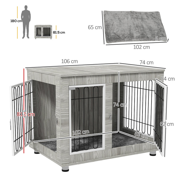 Large Indoor Dog Crate with Soft Bedding - Double-Entry Doors, Spacious 106x74x81.5cm, Stylish Grey - Ideal for Bigger Breeds Comfort & Security