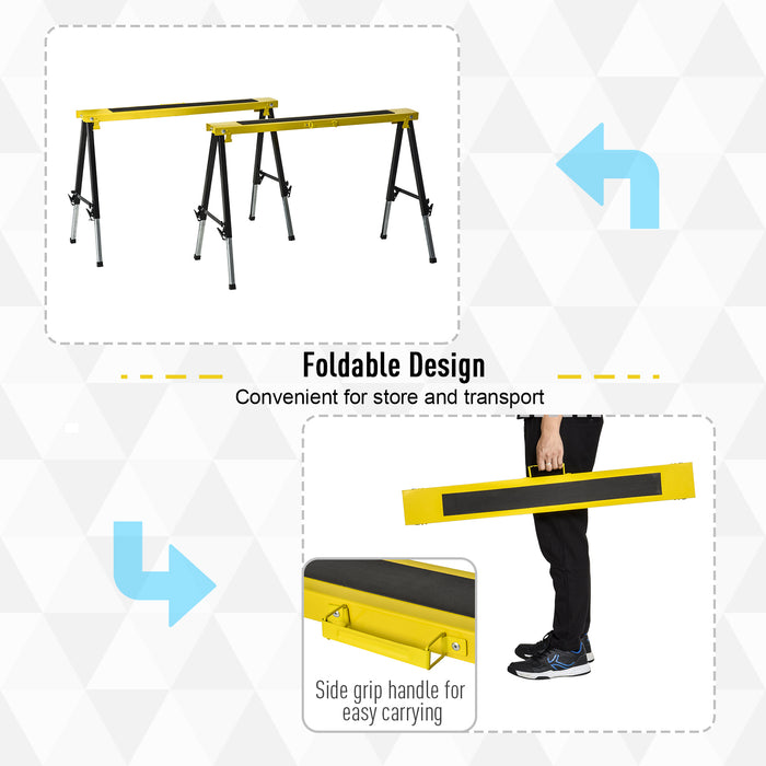 Folding Metal Saw Horse Twin Pack - Adjustable Workbench Trestle Stands with EVA Surface, 100kg Max Load - Ideal for Sawing and Woodworking Tasks