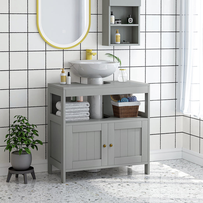 Modern Double-Door Pedestal Sink Cabinet - Light Grey Bathroom Vanity Storage with Shelves - Ideal for Under Sink Organization