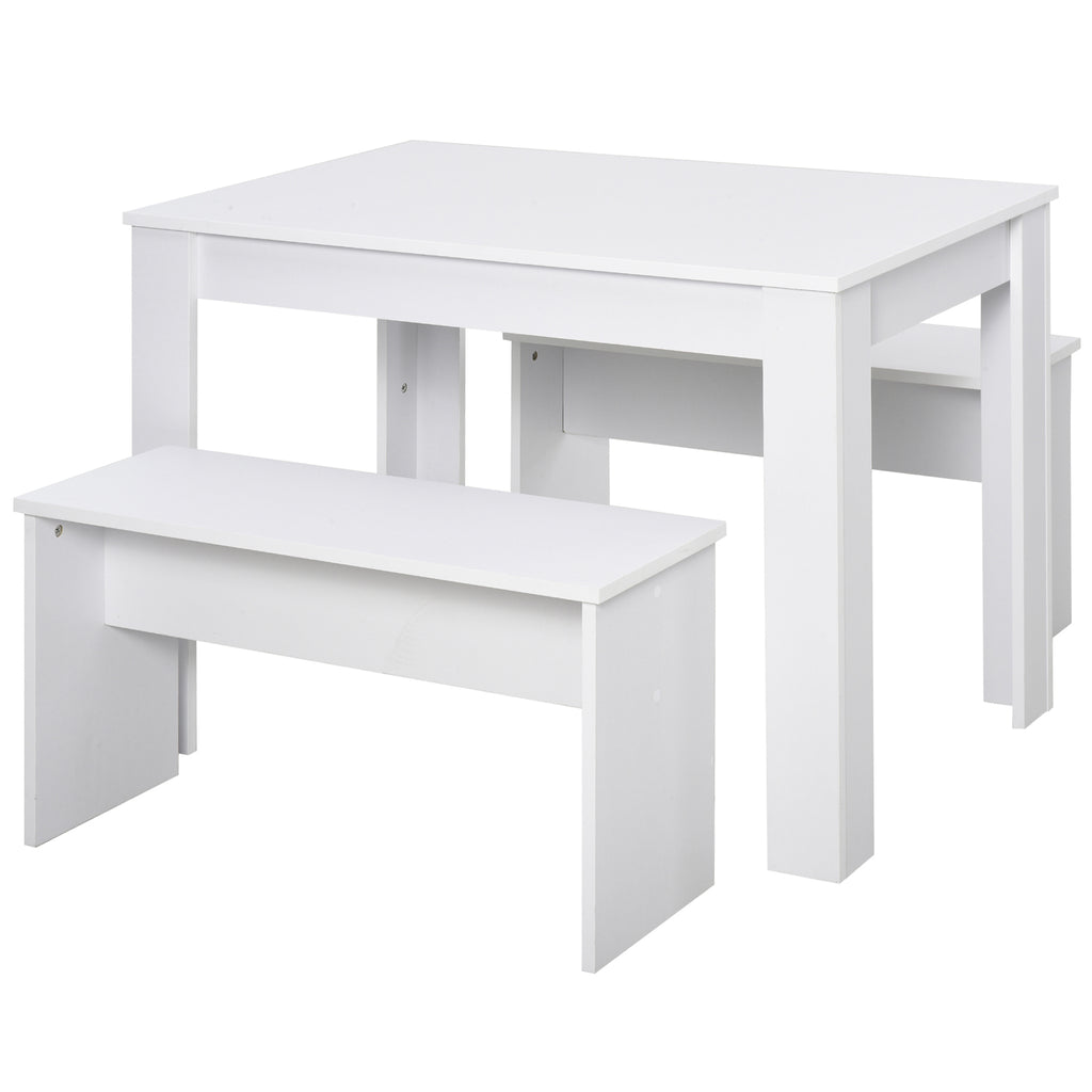 Space-Saving White Kitchen Dining Table Set with 2 Benches - Compact Table and Chairs for Small Areas - Ideal Furniture Solution for Apartments and Studios