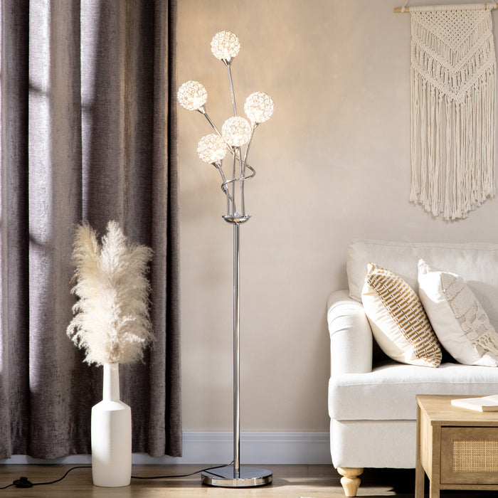 Crystal Elegance Floor Lamp - 5-Light Modern Upright Lamp for Bedroom & Living Room, 34x25x156cm in Silver - Stylish Illumination for Contemporary Spaces