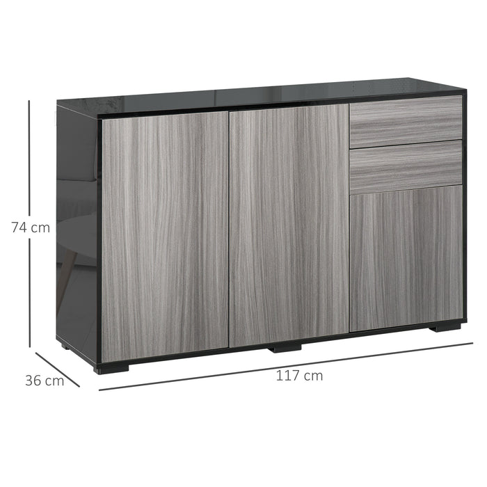 High Gloss Sideboard Storage Unit - Contemporary Push-Open Side Cabinet with 2 Drawers in Light Grey and Black - Stylish Organization for Living Room or Bedroom