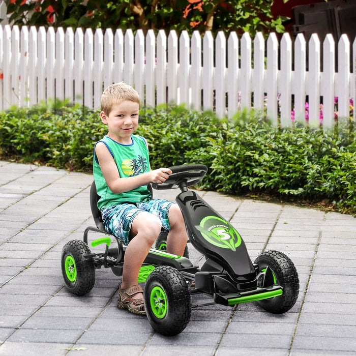 Pedal-Powered Racing Go Kart for Kids - Adjustable Seat, Inflatable Tyres, Shock Absorption, Handbrake - Ideal Outdoor Fun for Boys and Girls Ages 5-12, Vibrant Green Color
