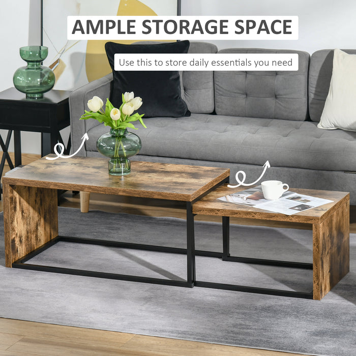 Industrial Style Coffee & Tea Table Set - 2-Piece Side Tables with Metal Frame for Home Decor - Perfect for Living Room and Bedroom, Black & Brown