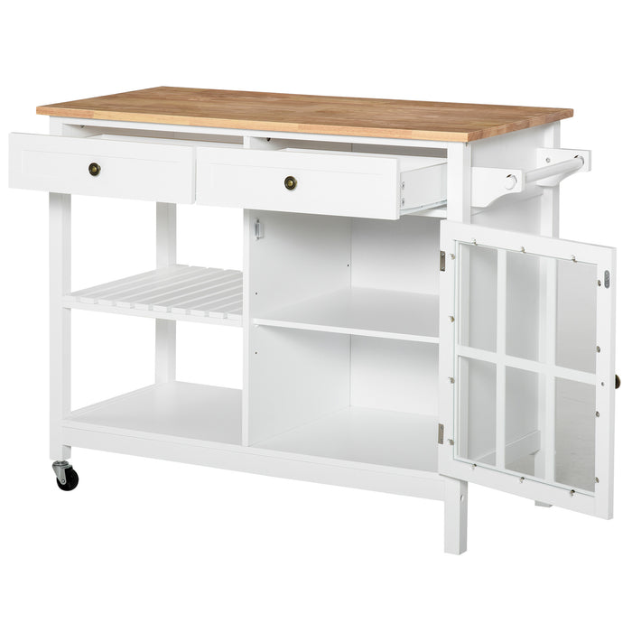 Kitchen Trolley Cart with Wheels - 2 Drawers, Cabinet, Towel Rack, and Rubber Wood Top - Moveable Storage Solution for Dining Room, White