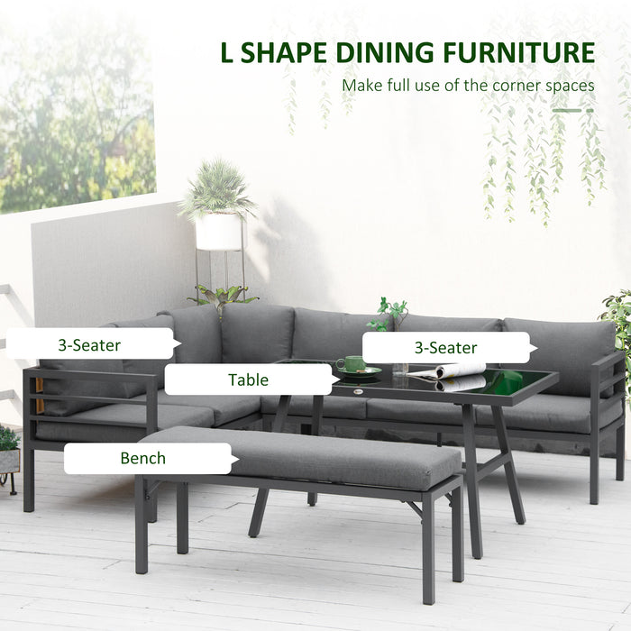 8-Seater Aluminium Garden Furniture Set - Outdoor Dining and Sofa Combination with Bench, Table, and Grey Cushions - Perfect for Patio Entertainment and Family Gatherings
